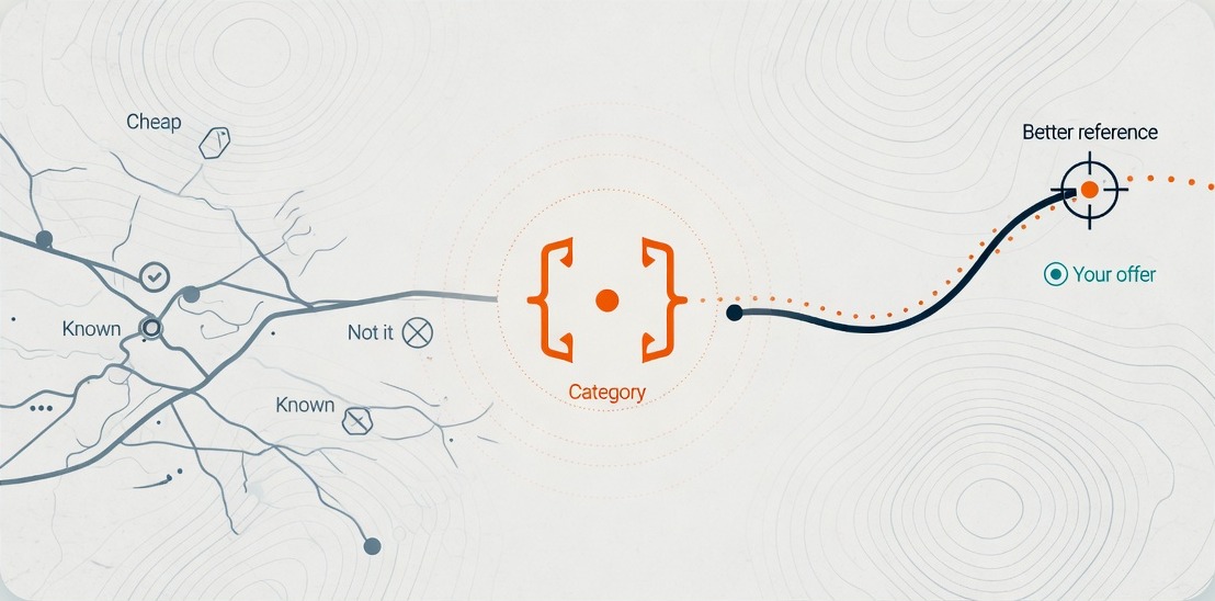 Category and comparison map showing your offer moving from wrong alternatives to a better reference.