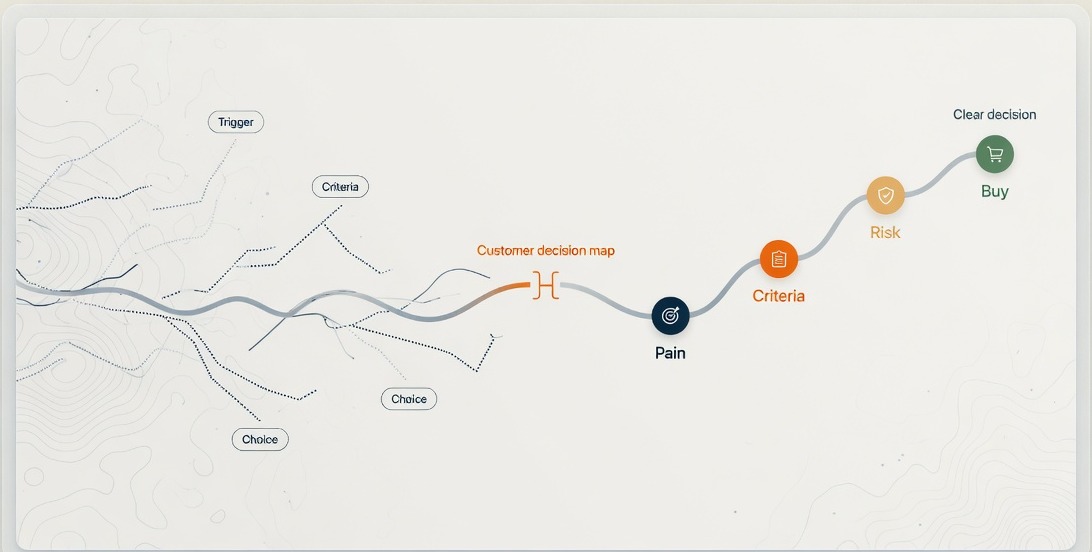 Customer decision map showing a buyer path from pain through criteria and risk to a clear buying decision.
