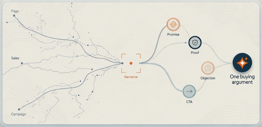 Message system map showing page, sales, and campaign signals becoming one buying argument.