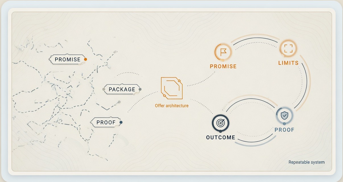 Offer architecture map showing promise, package, and proof becoming a repeatable system.