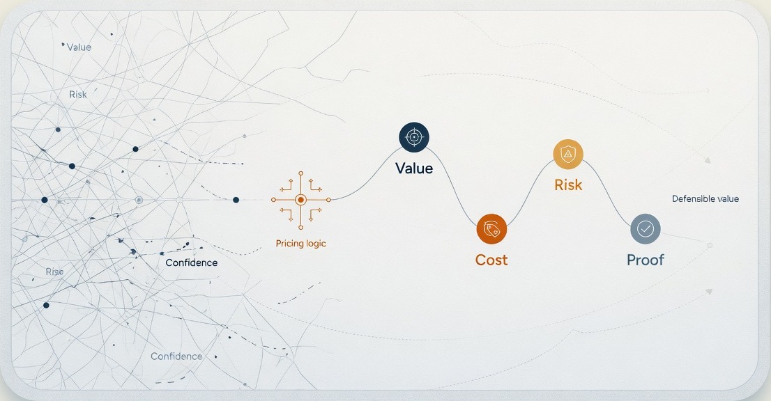 Pricing logic map showing value, cost, risk, and proof creating defensible value.