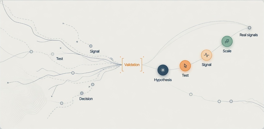 Validation plan map showing hypothesis, test, signal, and scale leading to real market signals.