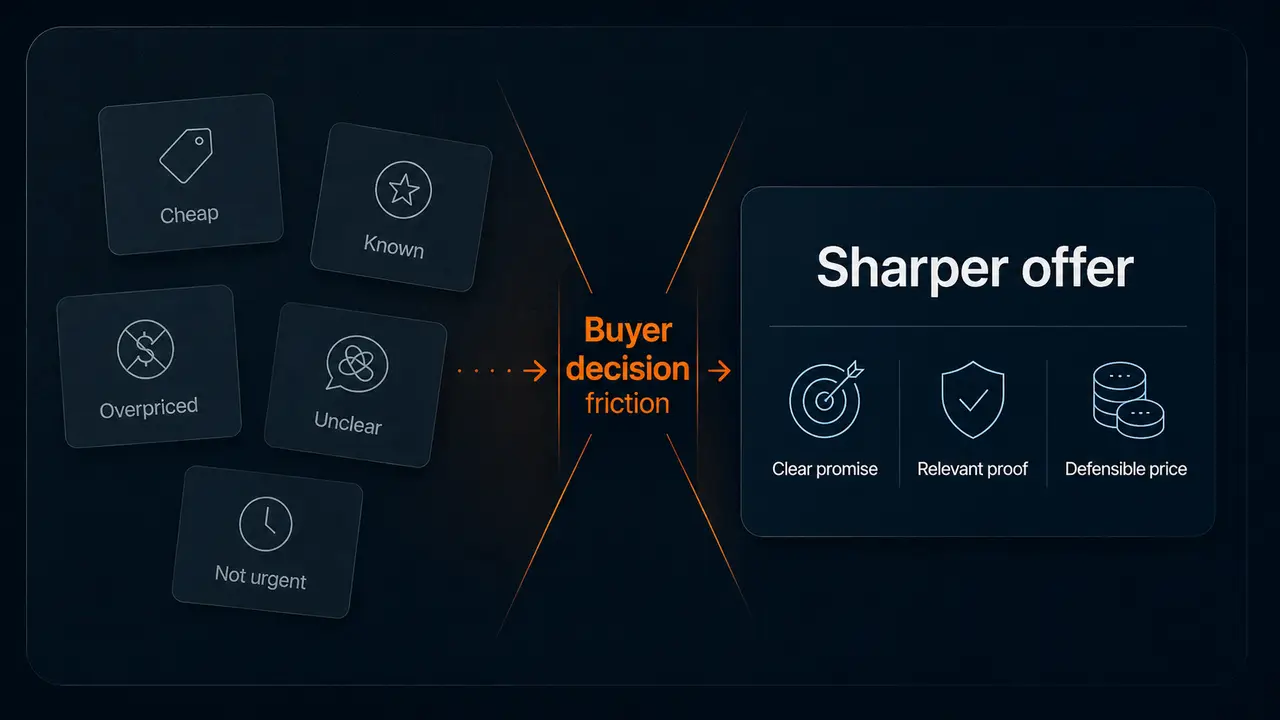 Buyer decision friction becomes a sharper offer with a clear promise, relevant proof, and defensible price.