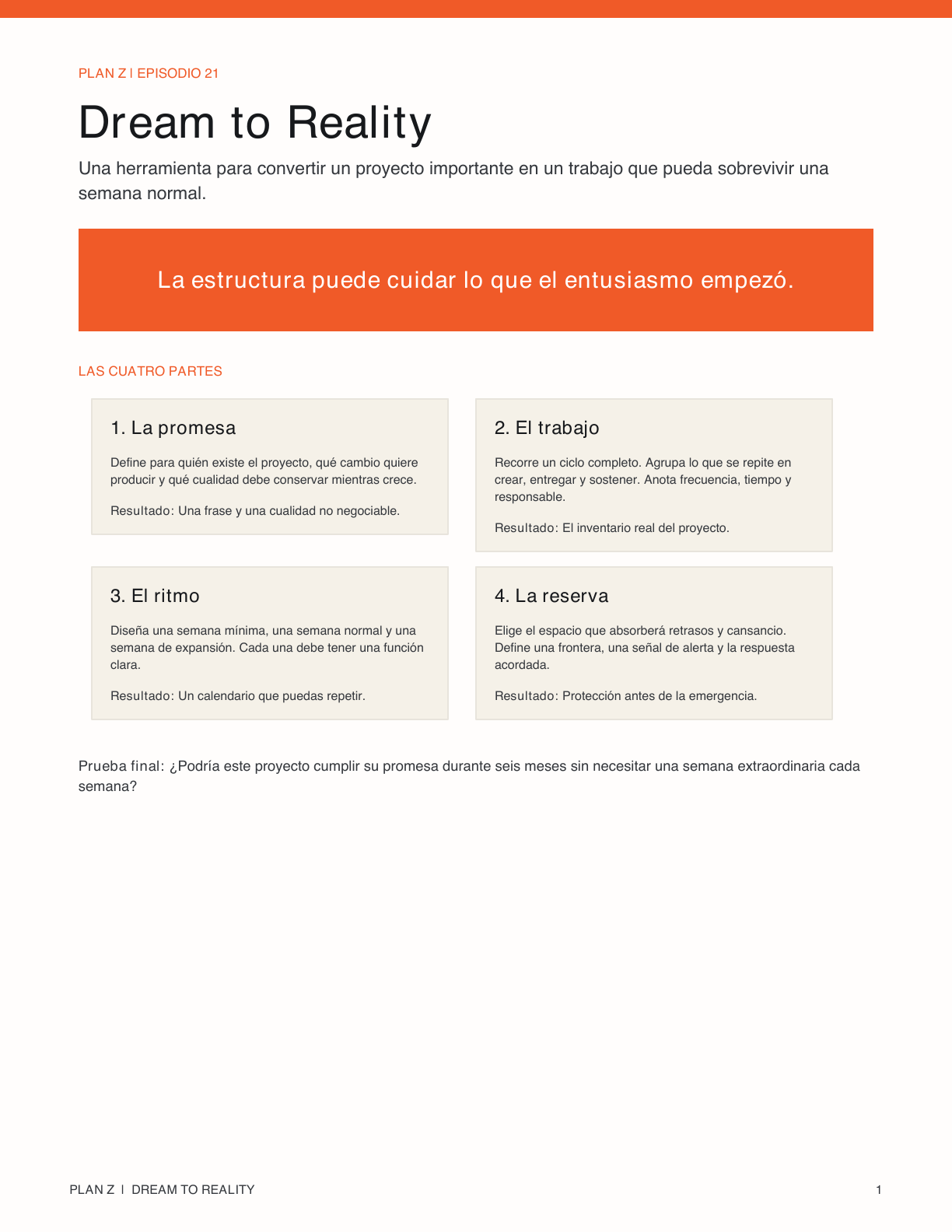 Primera página del framework Dream to Reality